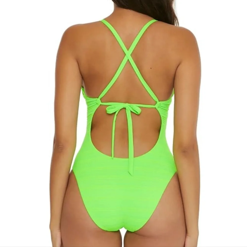 Becca Ariyah Cutout Plunge One Piece Swimsuit NEW Womens Large Neon Green Gold - Picture 2 of 11